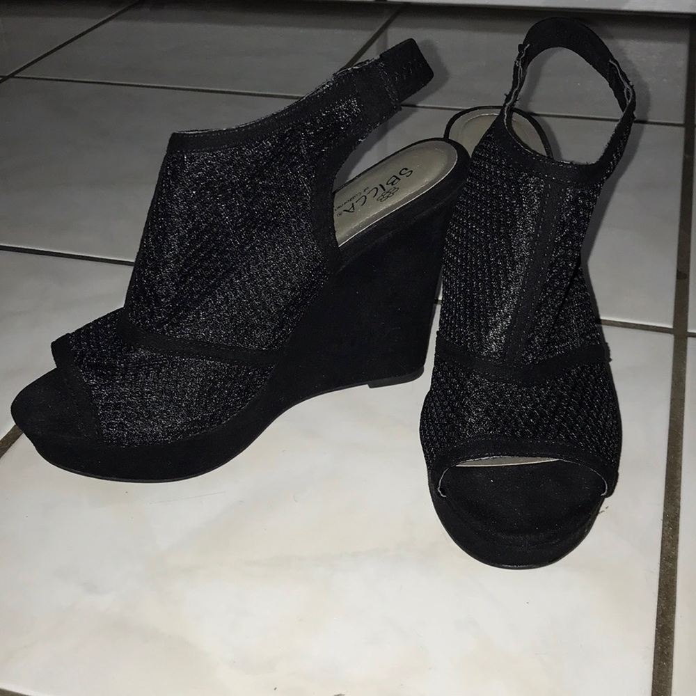 Black Mesh Peep Toe Wedges